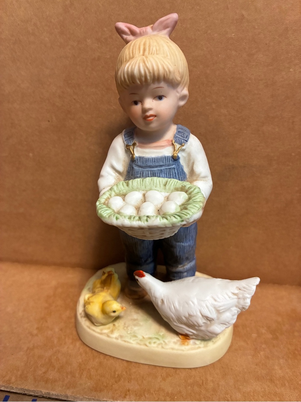 Denim Days Hone Co Porcelain Girl Figurine Debbie gathering Eggs 1985